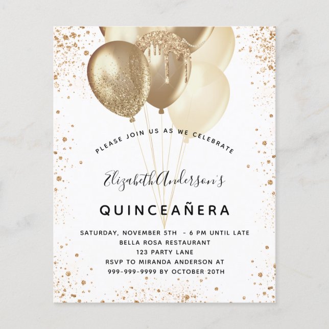 Quinceanera Weißgold Glitzer Ballons Haushalt Flyer (Vorne)