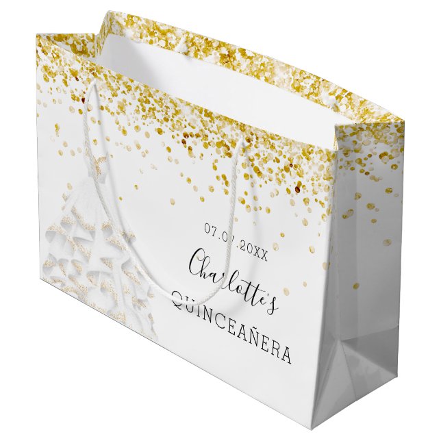 Quinceanera Weißgold Glitzer Staubkleid Name Große Geschenktüte (Rückseite Schrägansicht)