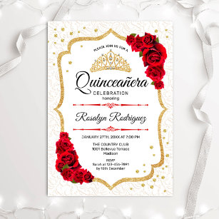 Quinceanera - Weißgoldene Rote Rosen Einladung