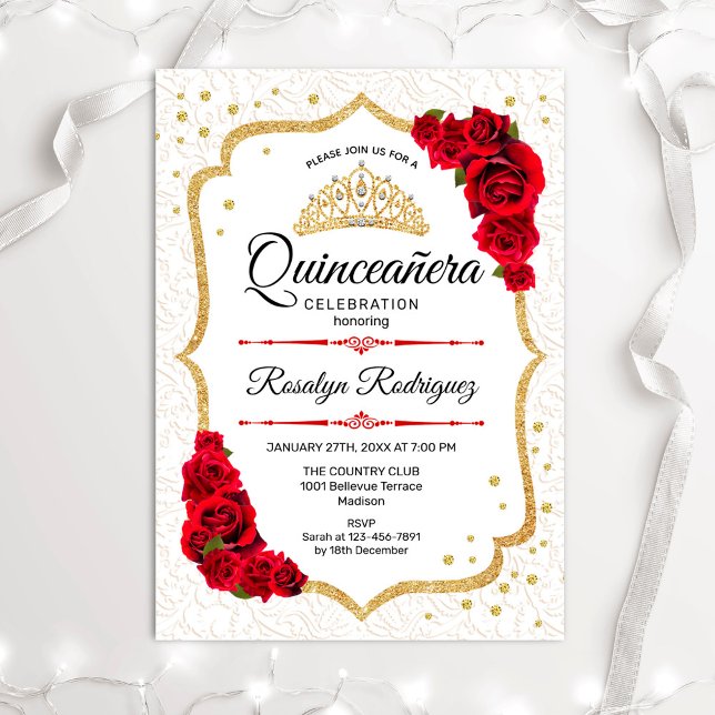 Quinceanera - Weißgoldene Rote Rosen Einladung (Von Creator hochgeladen)
