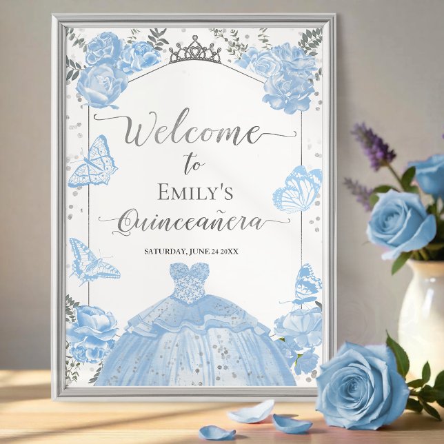 Quinceanera Welcome Sign Dusty Blue Dress Floral Poster (Von Creator hochgeladen)
