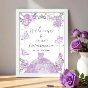 Quinceanera Welcome Sign Lavender Dress Floral Poster