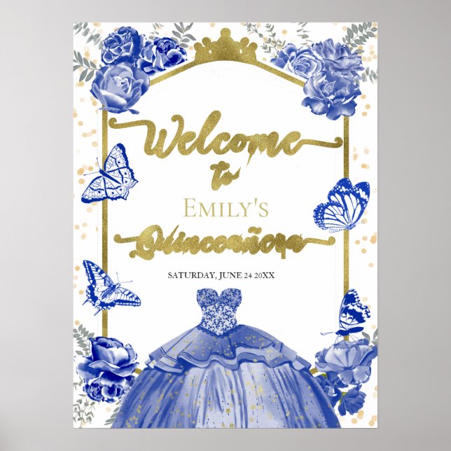 Quinceanera Welcome Sign Royal Blue Dress Floral Poster (Vorne)