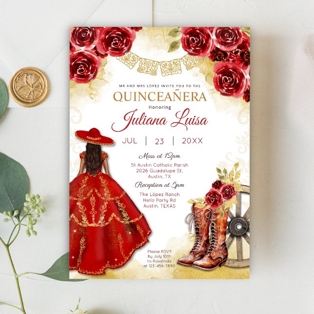 Quinceañera Western Red Gold Charra Blumenstiefel Einladung (Von Creator hochgeladen)