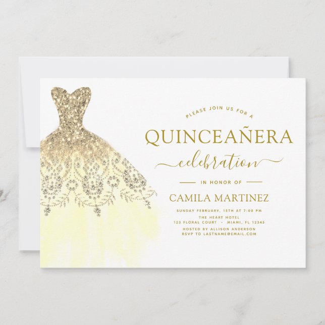 Quinceanera White and Gold Glitzer Sparkone Einladung (Vorderseite)
