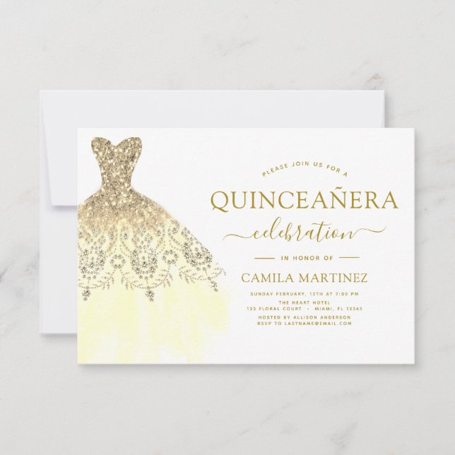 Quinceanera White and Gold Glitzer Sparkone Einladung (Vorderseite)