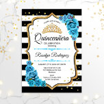 Quinceanera - White Black Gold Blue Einladung<br><div class="desc">Gold schwarz,  weiß Quinceanera Feier Einladung. Features Streifen,  Skript-Schriftart,  aqua blauen Rose,  Tiara und Konfetti. Das elegante türkisblaue Design mit den Imitaten Glitzer Gold. Ideal für eine elegante Glamour.</div>