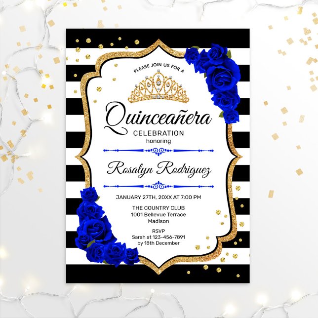 Quinceanera - White Black Royal Blue Gold Einladung (Von Creator hochgeladen)