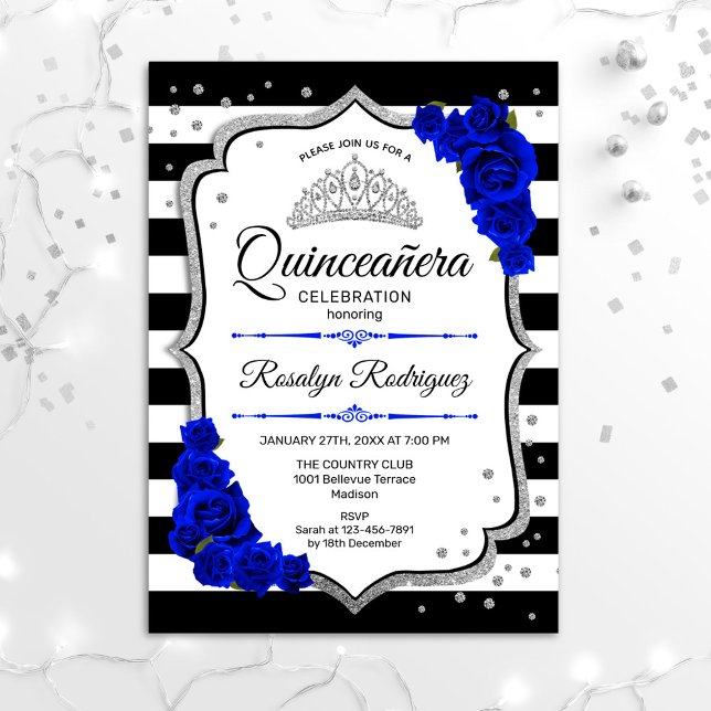 Quinceanera - White Black Royal Blue Silver Einladung (Von Creator hochgeladen)