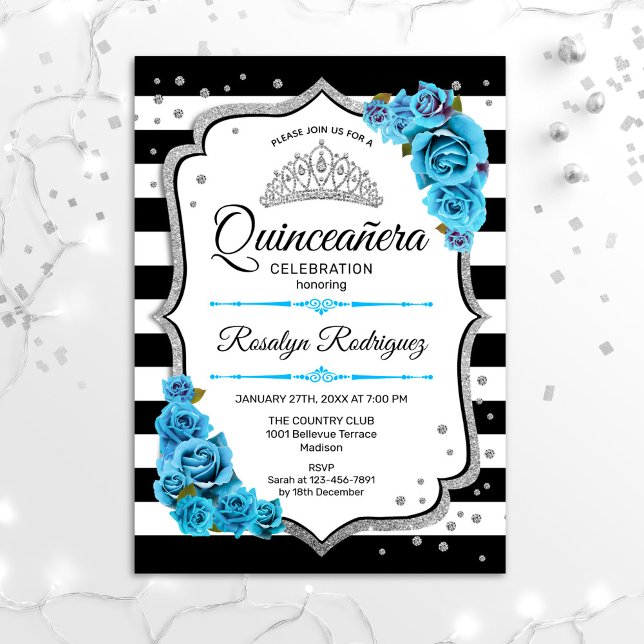 Quinceanera - White Black Silver Blue Einladung (Von Creator hochgeladen)