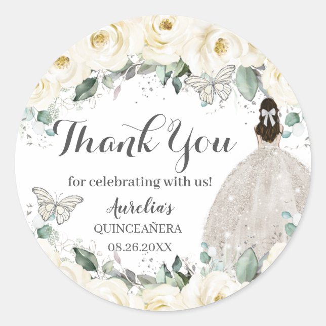 Quinceañera White Floral Princess Butterfly Silver Runder Aufkleber (Vorderseite)