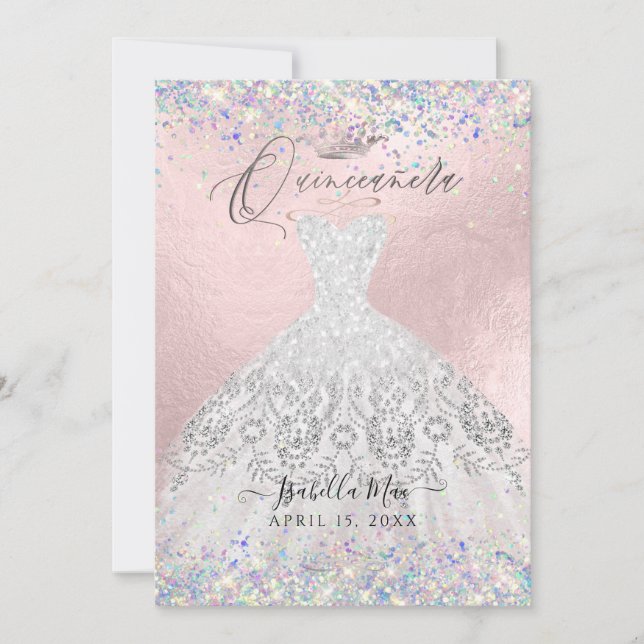 Quinceanera White Gold Dust Glitzer Gown Einladung (Vorderseite)