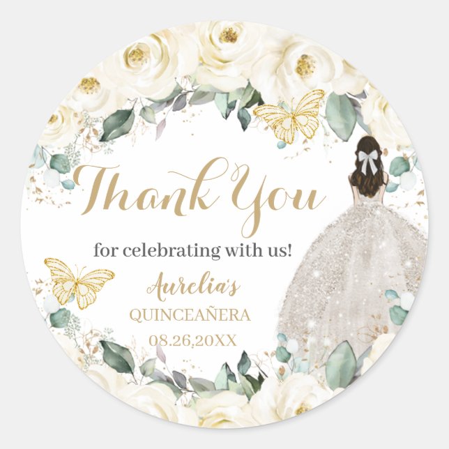 Quinceañera White Gold Floral Prinzessin Schmetter Runder Aufkleber (Vorderseite)