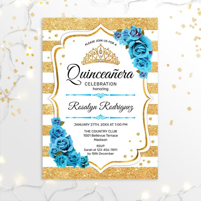 Quinceanera - White Gold Streifen Blau Einladung (Von Creator hochgeladen)