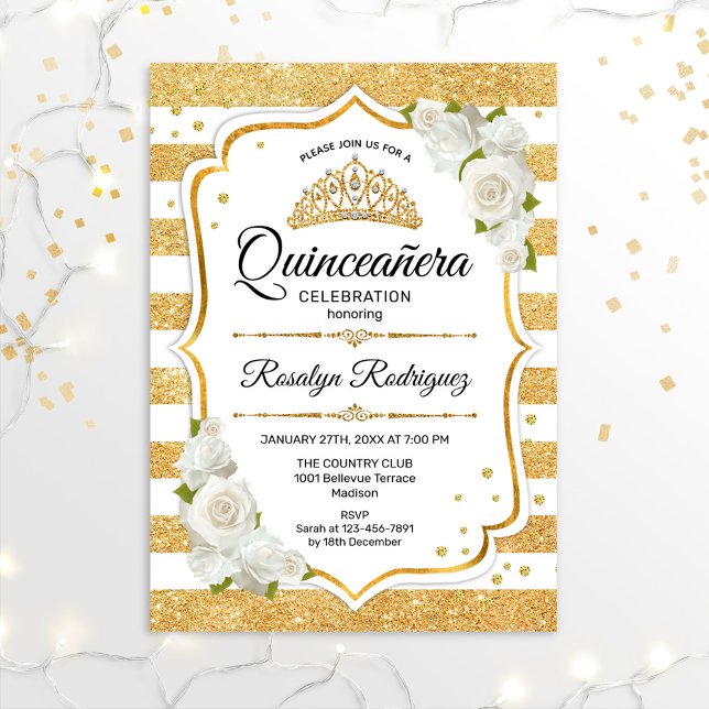 Quinceanera - White Gold Streifen Einladung (Von Creator hochgeladen)