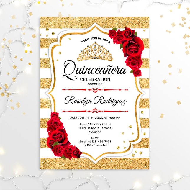 Quinceanera - White Gold Streifen Rot Einladung (Von Creator hochgeladen)