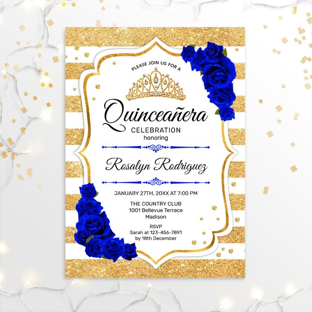 Quinceanera - White Gold Streifen Royal Blue Einladung (Von Creator hochgeladen)