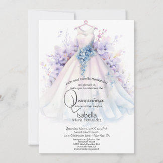 Quinceañera | White Gown Lila und Blue FLowers Einladung
