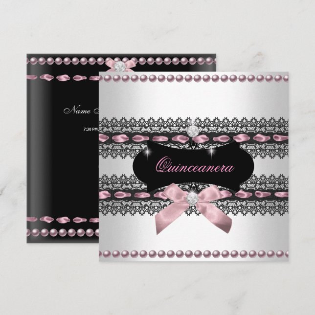 Quinceanera White Pink Black Lace Pearl Einladung (Vorne/Hinten)