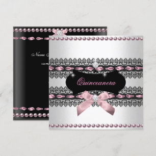 Quinceanera White Pink Black Lace Pearl Einladung