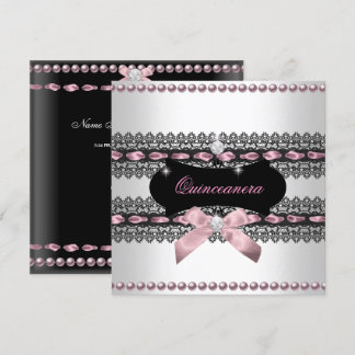 Quinceanera White Pink Black Lace Pearl Einladung