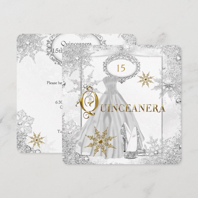 Quinceanera White Silver Snowflakes Tiara Einladung (Vorne/Hinten)