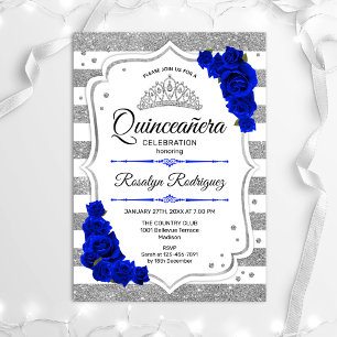 Quinceanera - White Silver Stripes Royal Blue Einladung