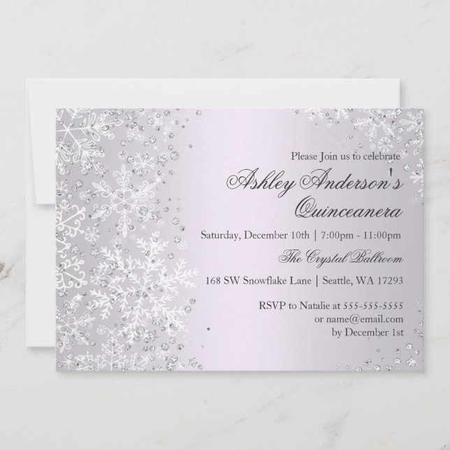 Quinceanera Winter Wonderland Lila Schneeflocken Einladung (Vorderseite)