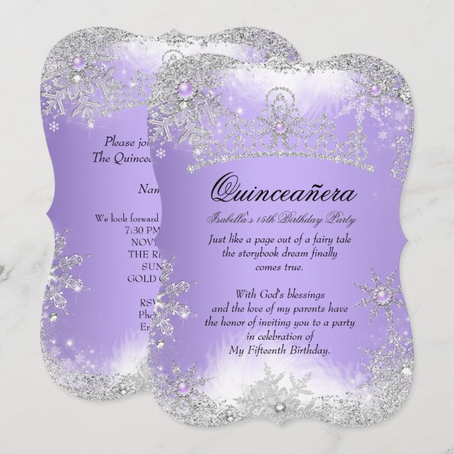 Quinceanera Winter Wonderland Lilac Lila Schnee Einladung (Vorne/Hinten)