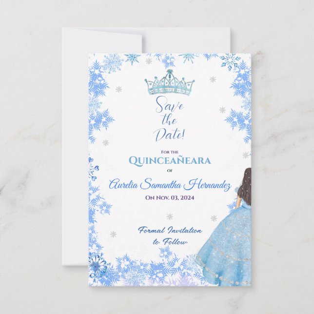 Quinceañera Winter Wonderland Save the Date Karte (Vorderseite)