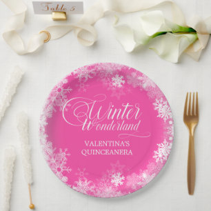 Quinceanera Winter Wonderland Schneeflocke Rosa Pappteller