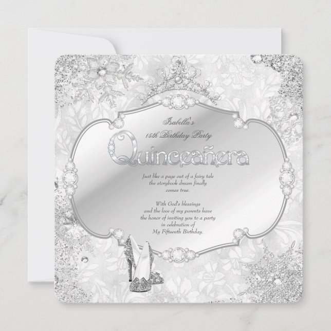 Quinceanera Winter Wonderland Silver Snowflake B Einladung (Vorderseite)