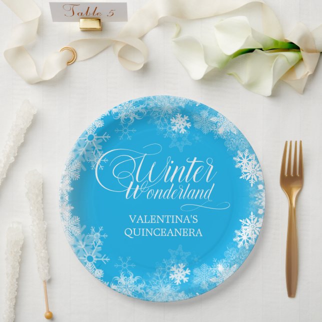 Quinceanera Winter Wonderland Snowflake Blau Pappteller (Hochzeit)