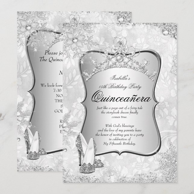 Quinceanera Winter Wunderland Silberschneeflocke 2 Einladung (Vorne/Hinten)