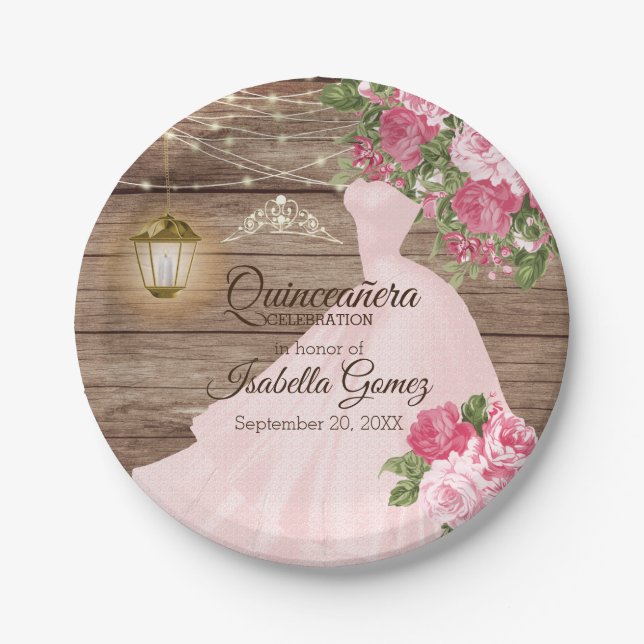 Quinceañera Wood and Pink Mauve Blume Pappteller (Vorderseite)