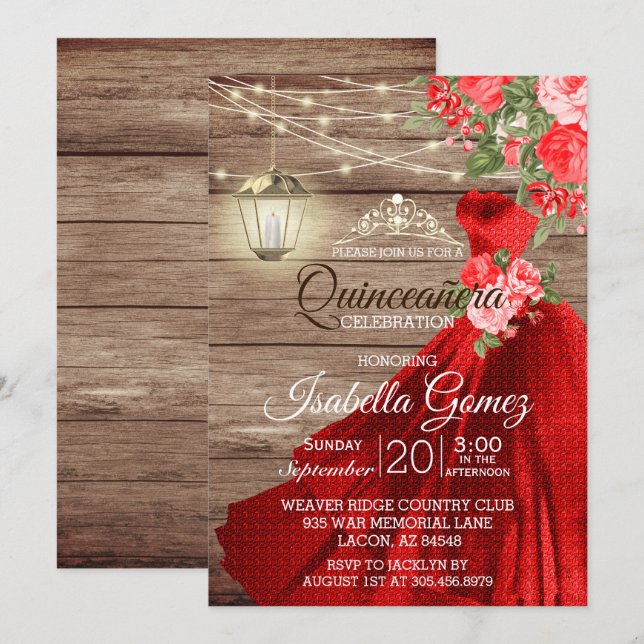 Quinceañera Wood und Rote Blume Einladung (Vorne/Hinten)