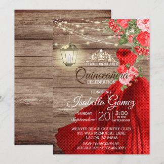 Quinceañera Wood und Rote Blume Einladung