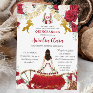 Quinceañera XV 15 Charro Red White Floral Horses Einladung