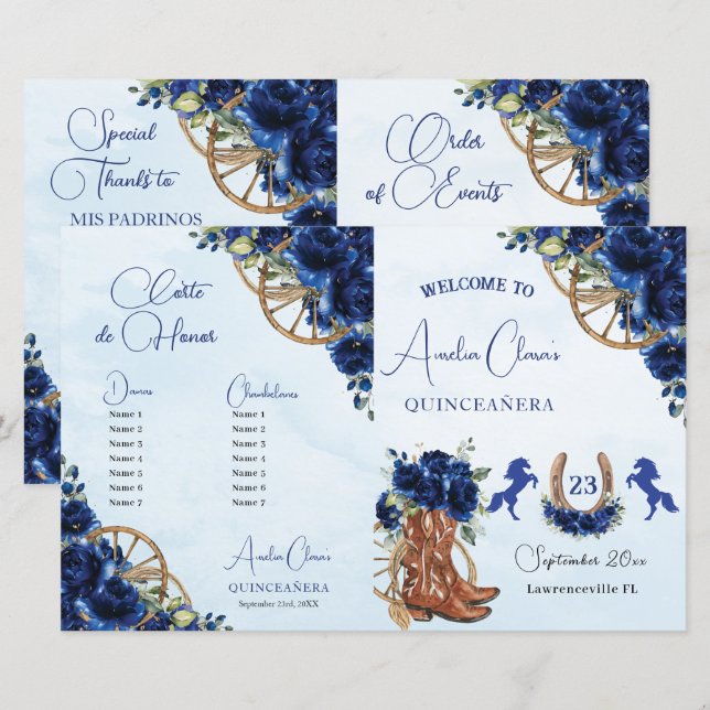 Quinceañera XV 15 Royal Blue Floral Charro Program (Vorne/Hinten)