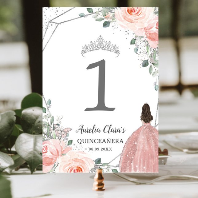 Quinceañera XV Birthday Blush Pink Floral Princess Tischnummer (Von Creator hochgeladen)
