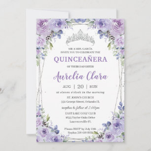 Quinceañera XV Lila Lilac Floral Silver Crown Einladung