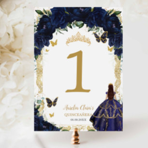 Quinceañera XV Navy Blau Floral Gold Mädchen Kleid Tischnummer