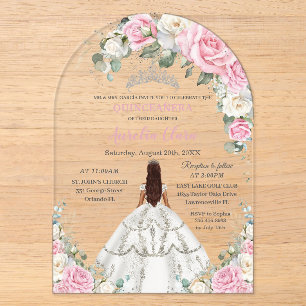 Quinceañera XV Rosa Weiß Floral Prinzessin Silber Acryleinladungen