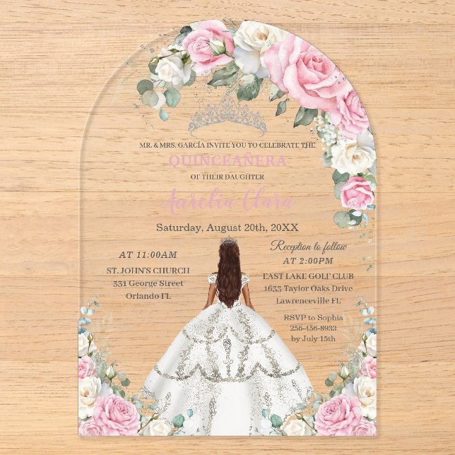 Quinceañera XV Rosa Weiße Blütenprinzessin Silber Acryleinladungen (Vorderseite)
