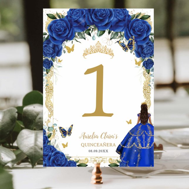 Quinceañera XV Royal Blue Floral Gold Girl Dress Tischnummer (Von Creator hochgeladen)