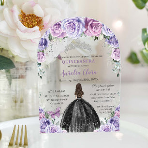 Quinceañera XV Sweet 16 Lila Floral Schwarz Acryleinladungen