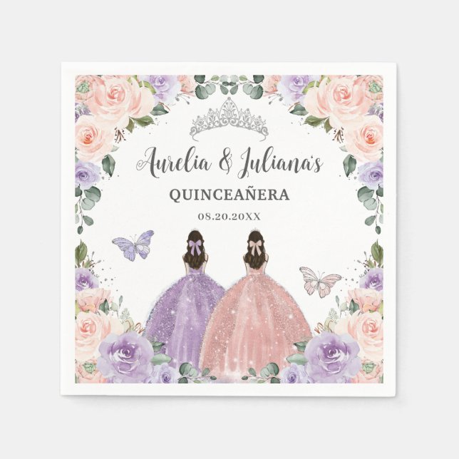 Quinceañera XV Sweet 16 Lilac Blush Floral Twins Serviette (Vorderseite)