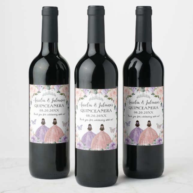Quinceañera XV Sweet 16 Lilac Blush Floral Twins Weinetikett (Flaschen)