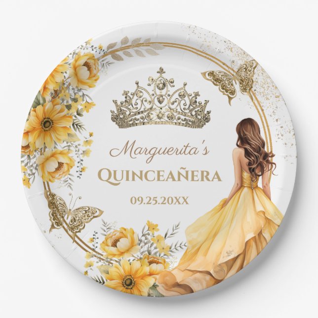 Quinceañera Yellow Floral Gold Tiara Butterfly Pappteller (Vorderseite)