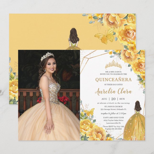Quinceañera Yellow Floral Princess Crown Geburtsta Einladung (Vorne/Hinten)